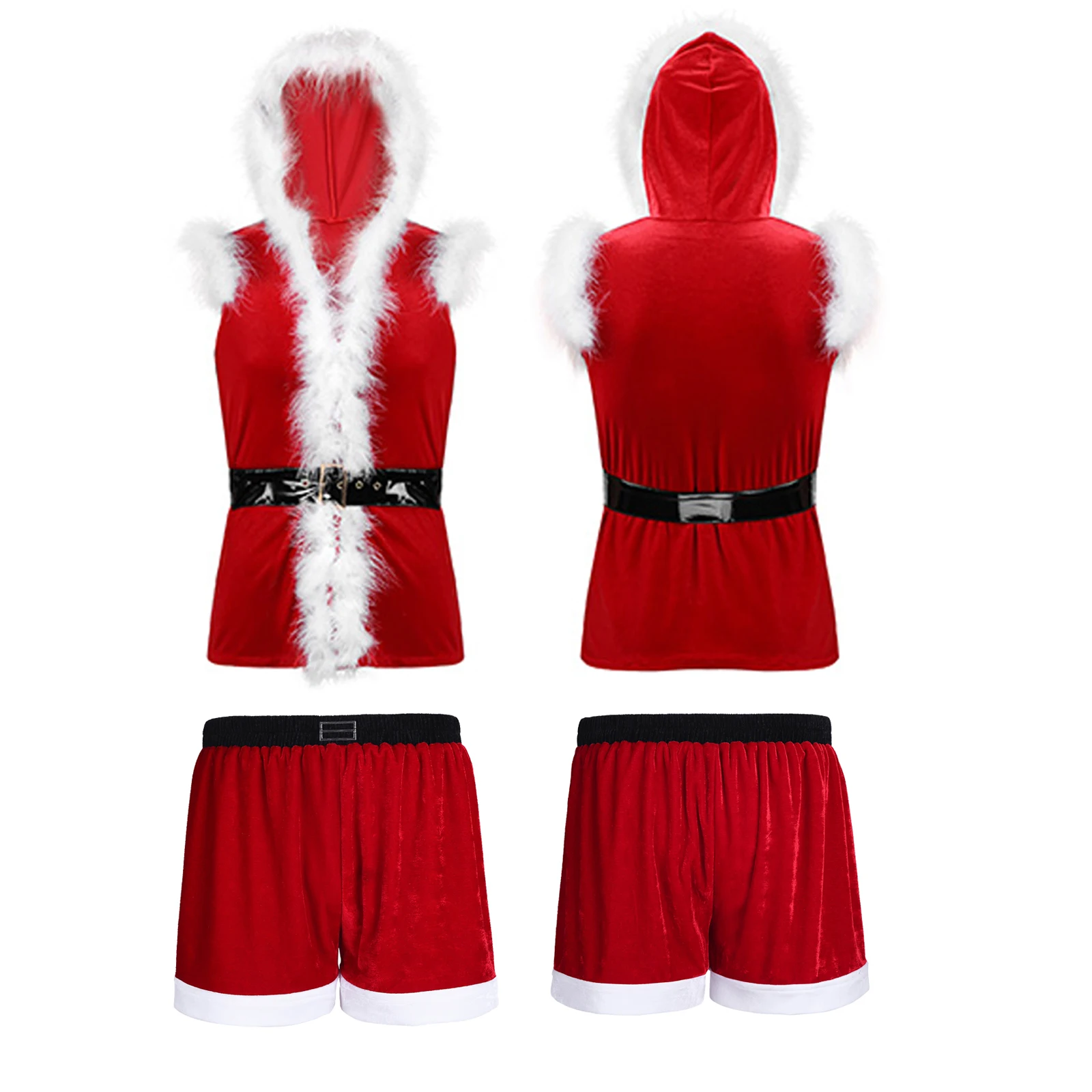 Men Red Christmas Holiday Santa Claus Cosplay Costume Velvet Hooded Coat Sleeveless Leather Waistband with Flannel Boxer Shorts 
Men Red Christmas Holiday Santa Claus Cosplay Costume Velvet Hooded Coat Sleeveless Leather Waistband with Flannel Boxer Shorts