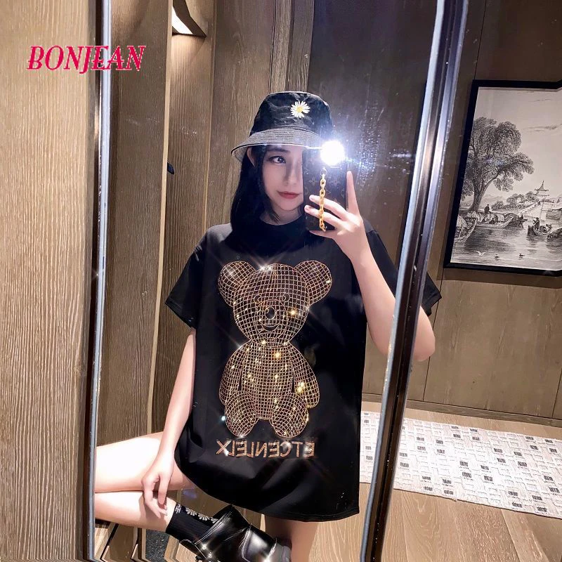 2021 Beading Bear Women T-shirt Harajuku Plus Size Short-Sleeved HIp Hop Women Cotton Loose Crystal Maxi Korean Female Top
2021 Beading Bear Women T-shirt Harajuku Plus Size Short-Sleeved HIp Hop Women Cotton Loose Crystal Maxi Korean Female Top