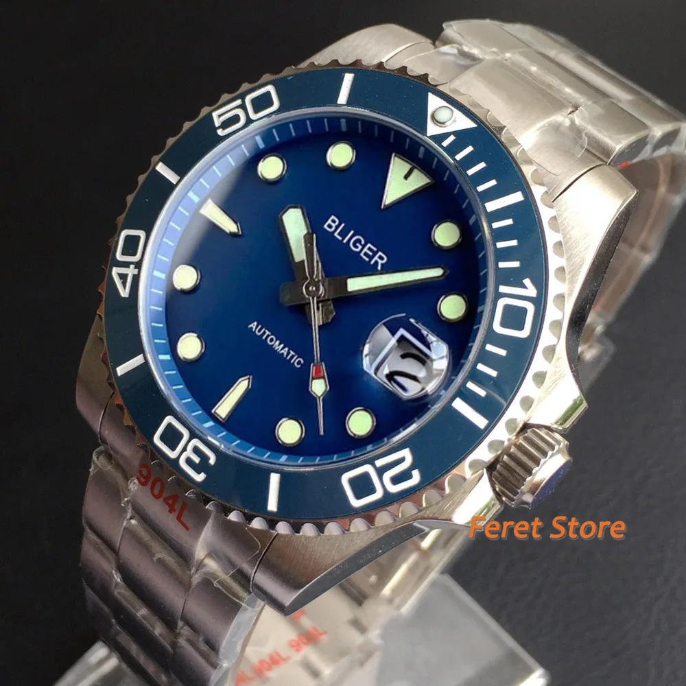 BLIGER New 40mm Blue dial green luminous stainless steel men's mechanical watch sapphire glass with NH35 automatic movement
BLIGER New 40mm Blue dial green luminous stainless steel men's mechanical watch sapphire glass with NH35 automatic movement