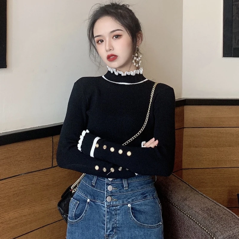 Vintage Ruffle High Neck Button Long Sleeve Sweaters Women Spring Autumn Khaki Black White Knit Pullover Sweater Korean Elegant
Vintage Ruffle High Neck Button Long Sleeve Sweaters Women Spring Autumn Khaki Black White Knit Pullover Sweater Korean Elegant