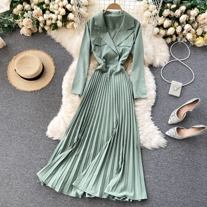 Spring And Summer Women's Pleated Dress Elegant Lady V-Neck Green Long-Sleeved Commuter Suit Collar Vintage Dress Femme Robe
Spring And Summer Women's Pleated Dress Elegant Lady V-Neck Green Long-Sleeved Commuter Suit Collar Vintage Dress Femme Robe