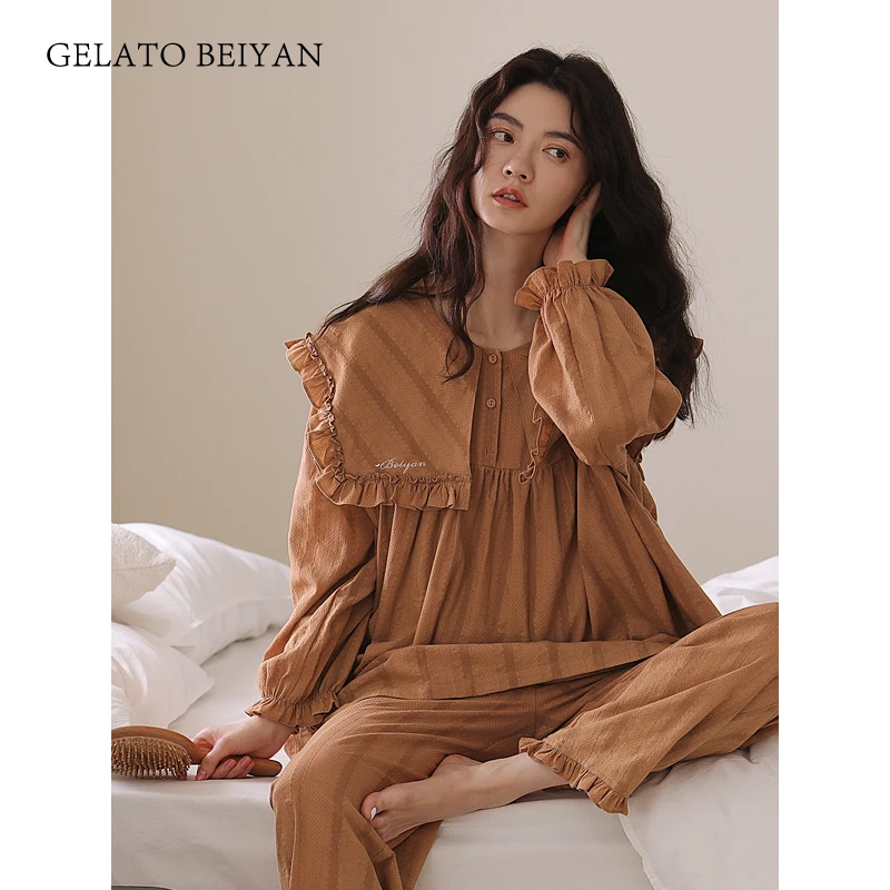 Spring and Autumn Women's Cotton Pajamas Cute Casual Woven Cotton Long-Sleeve Suit Loose Large Size Women's Home Wear
Spring and Autumn Women's Cotton Pajamas Cute Casual Woven Cotton Long-Sleeve Suit Loose Large Size Women's Home Wear