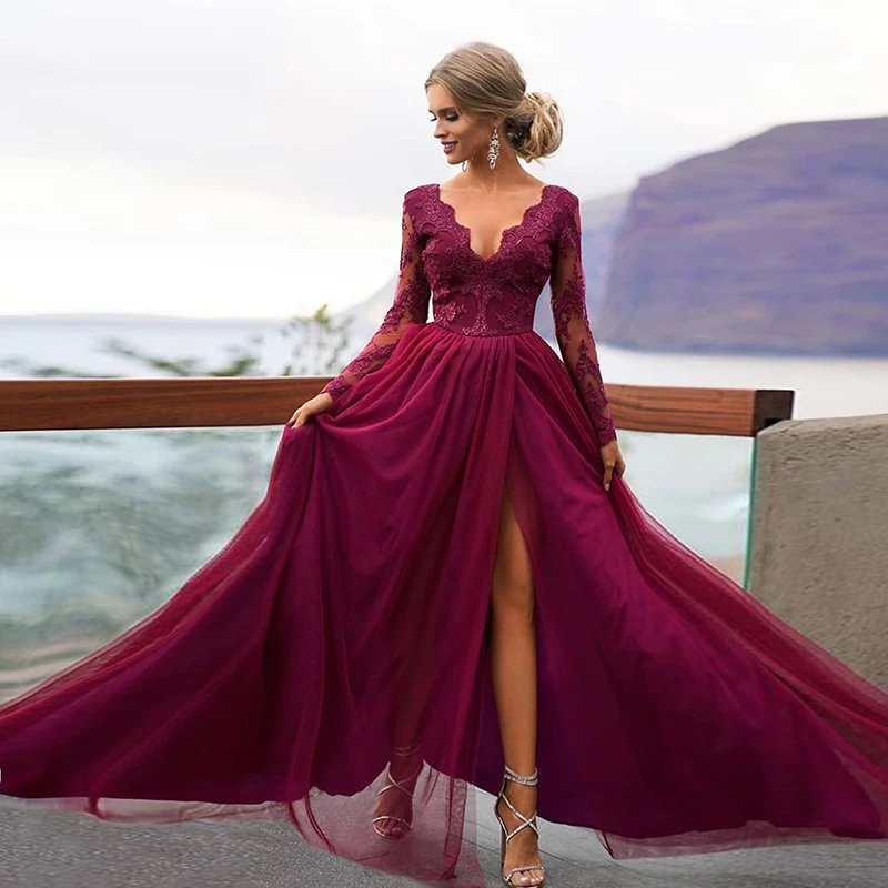 Burgundy Long Sleeve Evening Dresses 2022 A-Line Side Slit V-Neck Luxury Lace Party Prom Gown Backless Floor Length
Burgundy Long Sleeve Evening Dresses 2022 A-Line Side Slit V-Neck Luxury Lace Party Prom Gown Backless Floor Length
