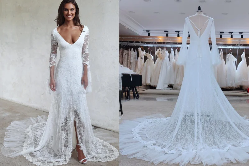 #739 Sexy Lady Long Sleeve Beaded Lace V-Neck Backless Sheath Ivory Bohemian Wedding Dress
#739 Sexy Lady Long Sleeve Beaded Lace V-Neck Backless Sheath Ivory Bohemian Wedding Dress