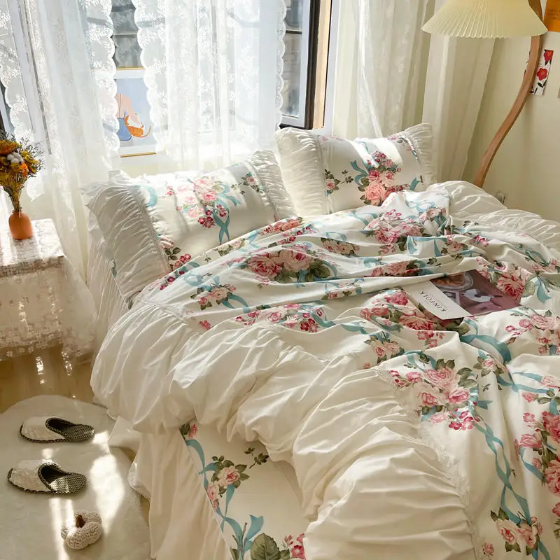 100%Cotton Flowers Print Princess Bedding Set Luxury Lace Ruffle Duvet Cover Bedspread Bed Skirt Pillowcases Home Textile
100%Cotton Flowers Print Princess Bedding Set Luxury Lace Ruffle Duvet Cover Bedspread Bed Skirt Pillowcases Home Textile