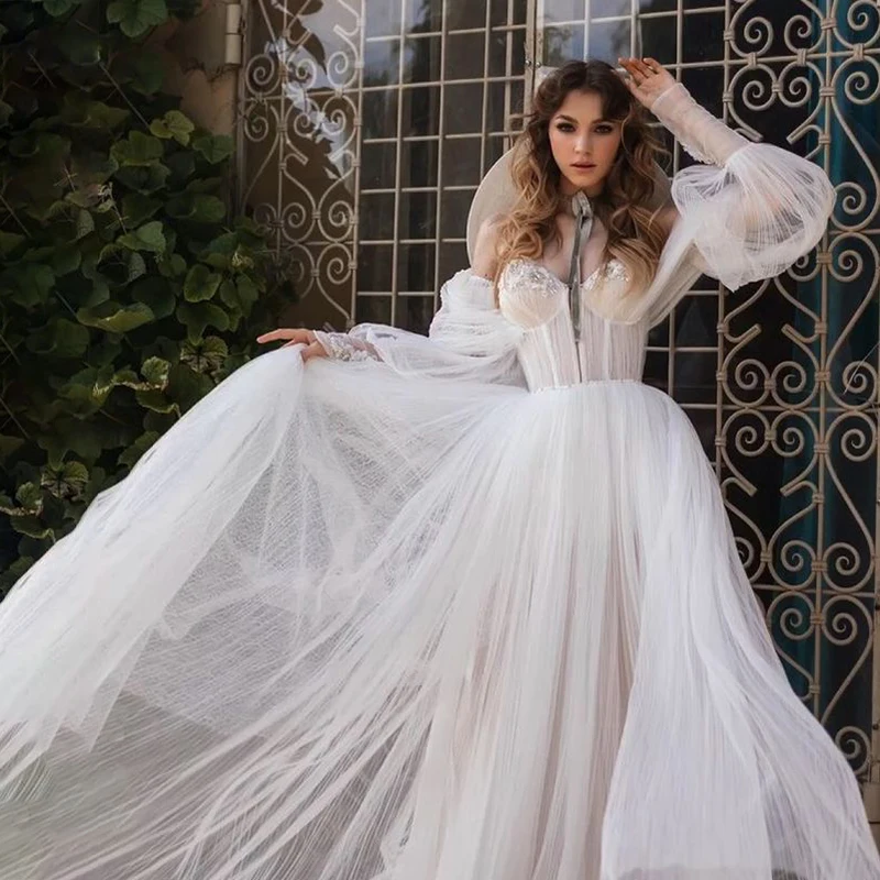 Luxury Off Shoulder Long Lantern Sleeves Beach Bridal Gowns Sweep Train Beaded Draped Tulle Wedding Dresses
Luxury Off Shoulder Long Lantern Sleeves Beach Bridal Gowns Sweep Train Beaded Draped Tulle Wedding Dresses