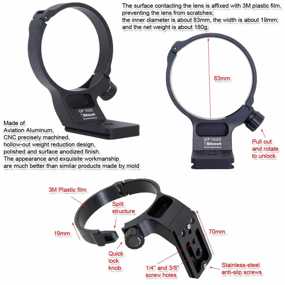 iShoot Lens Collar Tripod Mount Ring Support for Fuji GF 250mm f/4 R LM OIS WR, with Arca-Swiss Quick Release Plate
iShoot Lens Collar Tripod Mount Ring Support for Fuji GF 250mm f/4 R LM OIS WR, with Arca-Swiss Quick Release Plate