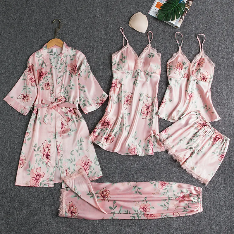 Sexy Pajamas Women's Summer Ice Sexy Pajamas 5-piece Set Spring Summer Home Clothes With Chest Cushion Robe Homewear Nighty Suit
Sexy Pajamas Women's Summer Ice Sexy Pajamas 5-piece Set Spring Summer Home Clothes With Chest Cushion Robe Homewear Nighty Suit
