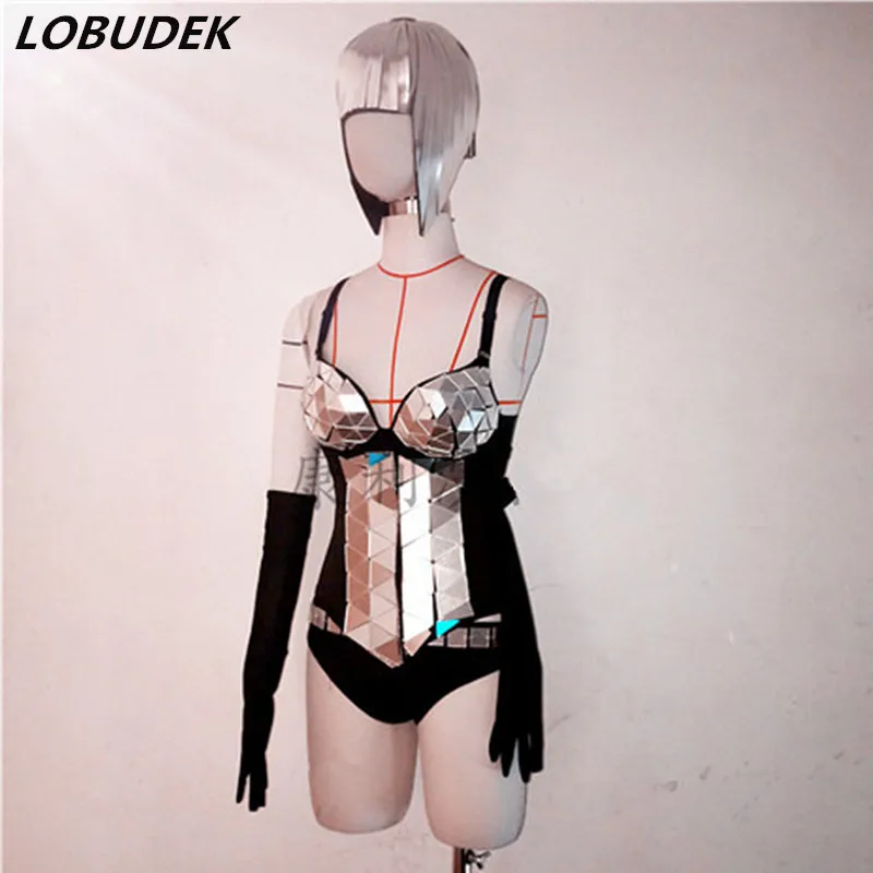 Nightclub Bar DJ Women Dancer Team Sexy Stage Wear Gold Silver Mirror Tops Shorts Gloves Wig Dance Outfit Performance Costume
Nightclub Bar DJ Women Dancer Team Sexy Stage Wear Gold Silver Mirror Tops Shorts Gloves Wig Dance Outfit Performance Costume