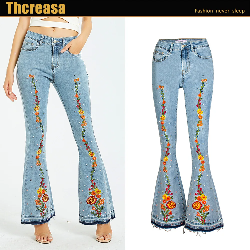 European and American Women's Fashion Burst Denim Embroidery Broad-footed Jeans Women's Original Design Women's Clothing
European and American Women's Fashion Burst Denim Embroidery Broad-footed Jeans Women's Original Design Women's Clothing