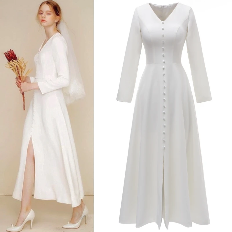 #1203 Real Photos Simple Empire Elegant V Neck Long Sleeve Soft Satin Ankle Length A-Line Slit Wedding Dress Bridal Gowns
#1203 Real Photos Simple Empire Elegant V Neck Long Sleeve Soft Satin Ankle Length A-Line Slit Wedding Dress Bridal Gowns