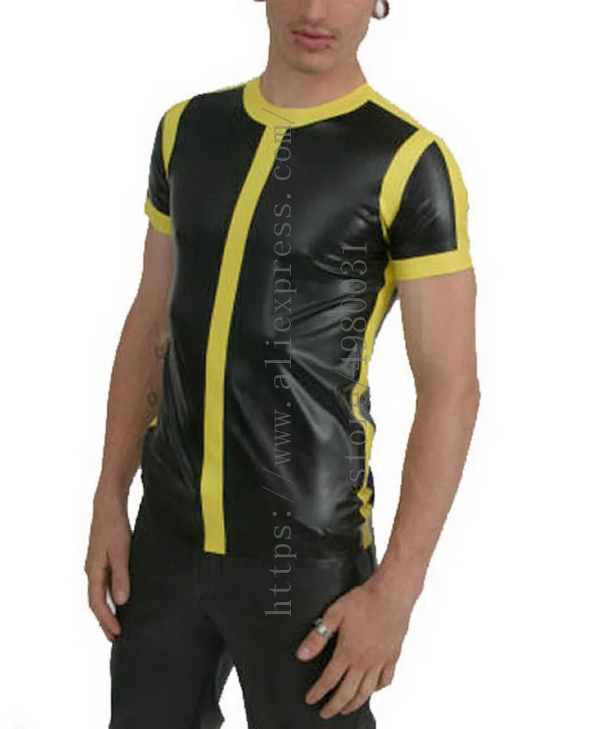 Casual style cool black men's short sleeve latex t-shirt with yellow trims decorations
Casual style cool black men's short sleeve latex t-shirt with yellow trims decorations