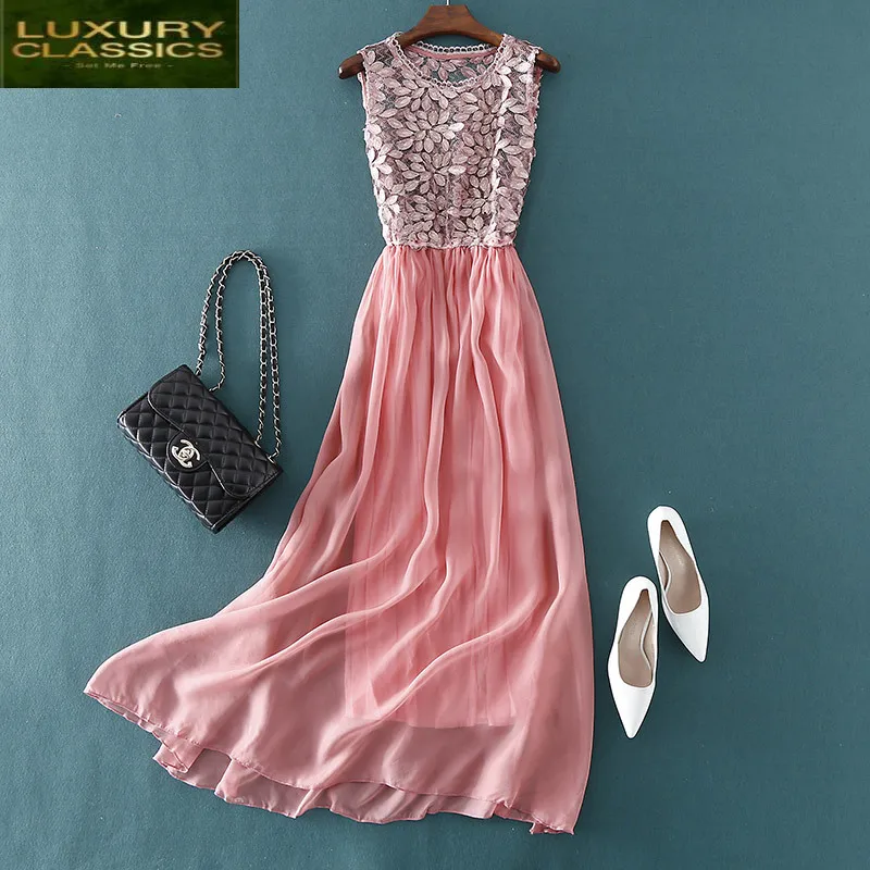 Summer Dress Women Elegant Real Silk Evening Party Dresses Korean Ladies Pink Beach Lace Vestidos Vinatge Robe Femme 0431
Summer Dress Women Elegant Real Silk Evening Party Dresses Korean Ladies Pink Beach Lace Vestidos Vinatge Robe Femme 0431