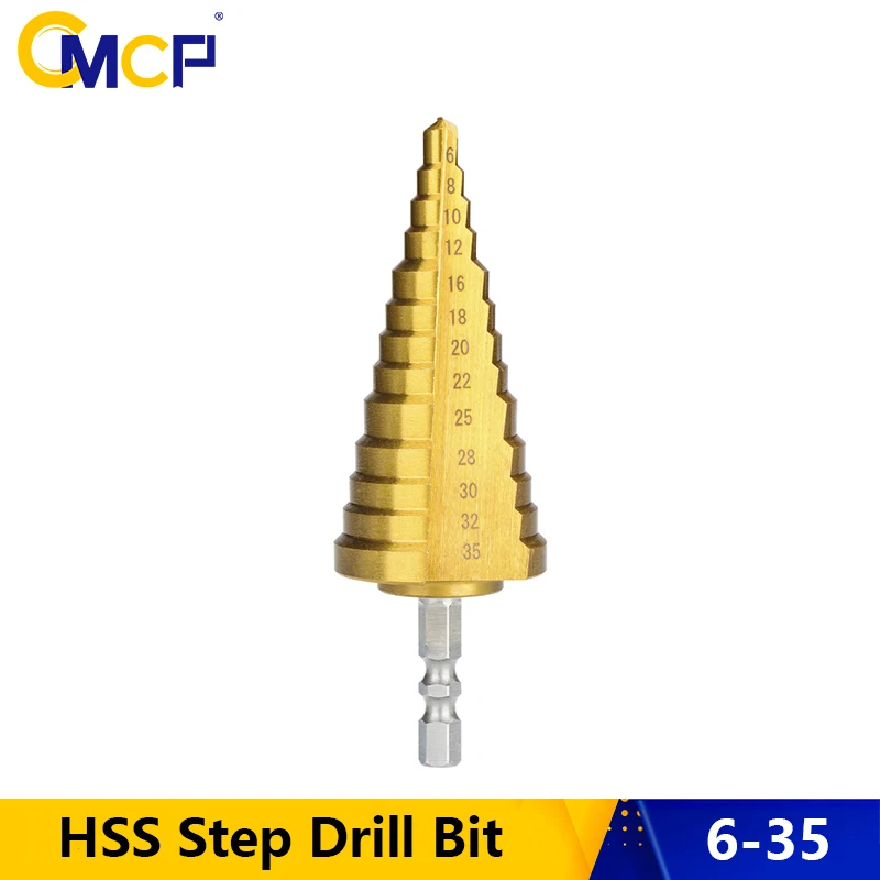 CMCP Step Cone Drill 4-22 6-35mm Step Drill Bit Hex Shank Titanium Coated Cone Drilling Tool HSS Steel Wood Metal Hole Cutter
CMCP Step Cone Drill 4-22 6-35mm Step Drill Bit Hex Shank Titanium Coated Cone Drilling Tool HSS Steel Wood Metal Hole Cutter