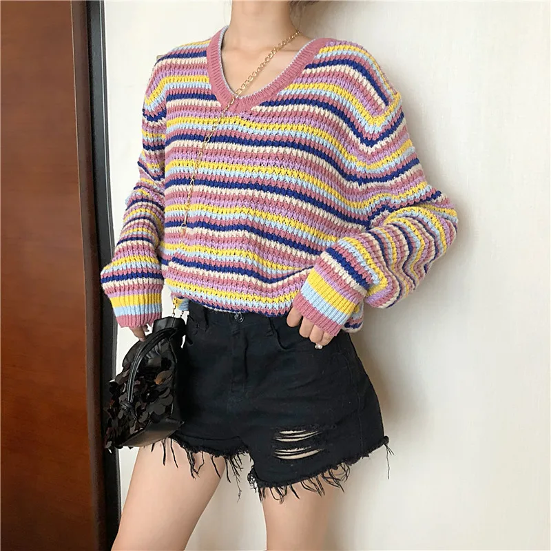 H9507 Rainbow Stripe Sweater Women Spring Fall V-Neck Loose Student Pullover Sweaters Female Long Sleeve Knitted Jumper Tops
H9507 Rainbow Stripe Sweater Women Spring Fall V-Neck Loose Student Pullover Sweaters Female Long Sleeve Knitted Jumper Tops