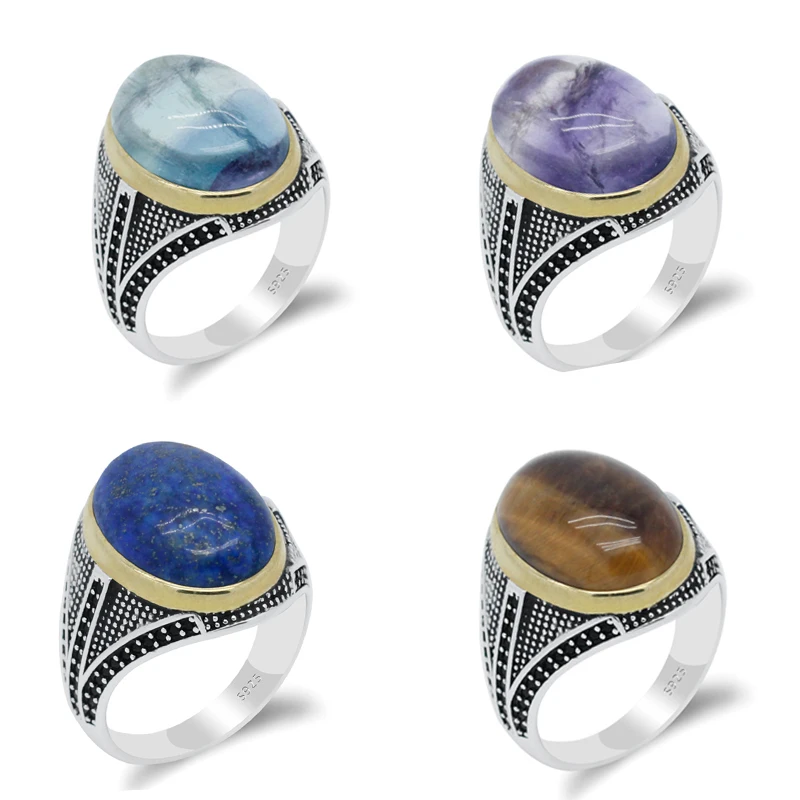 Pure 925 Sterling Silver Rings For Men Natural Tiger Eyes/Lapis/Fluorite Stone Punk Style Fashion Wedding Rings Fine Jewelry
Pure 925 Sterling Silver Rings For Men Natural Tiger Eyes/Lapis/Fluorite Stone Punk Style Fashion Wedding Rings Fine Jewelry
