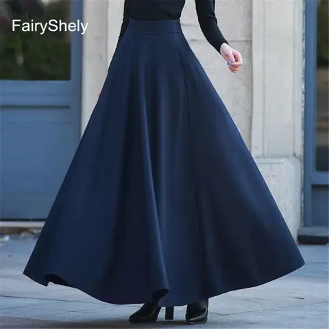 FairyShely 2026 Sonbahar Kış Retro Yüksek Bel Pileli Etek Kadın Günlük Cepli Yünlü Maxi Etek Kadın Kloş Kırmızı Uzun Etek