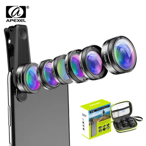 APEXEL 6 in 1 Phone Camera Lens Kit Wide Angle macro Lens Fish Eye Lens  CPL/Star Filter ND32 for iPhone huaweall smartphones