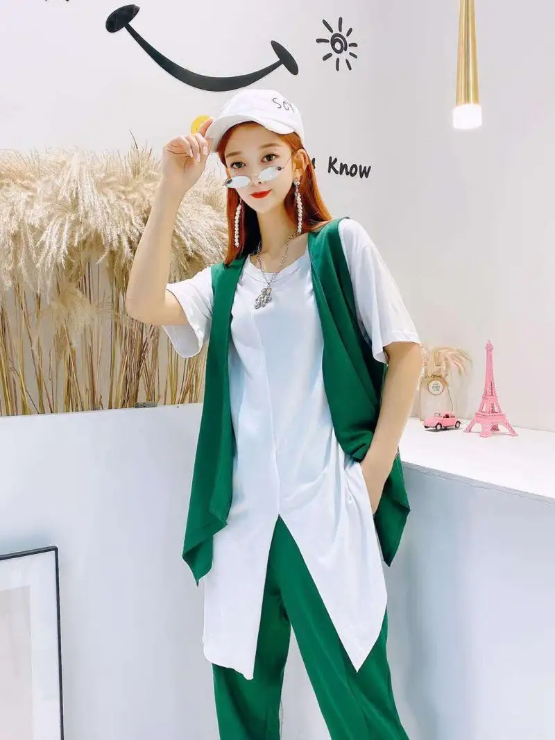 2024 Womens Spring Summer 3-piece Suit Female Plus Size Korean Loose Short-sleeved T-shirt + Vest + Casual Pants Suit 6XL
2024 Womens Spring Summer 3-piece Suit Female Plus Size Korean Loose Short-sleeved T-shirt + Vest + Casual Pants Suit 6XL