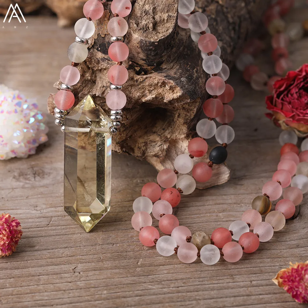 Natural Smoky Color Yellow Quartz Double Point Pendant Unpolished Red Watermelon Stone 108 Mala Beads Handmade Knotted Necklace
Natural Smoky Color Yellow Quartz Double Point Pendant Unpolished Red Watermelon Stone 108 Mala Beads Handmade Knotted Necklace