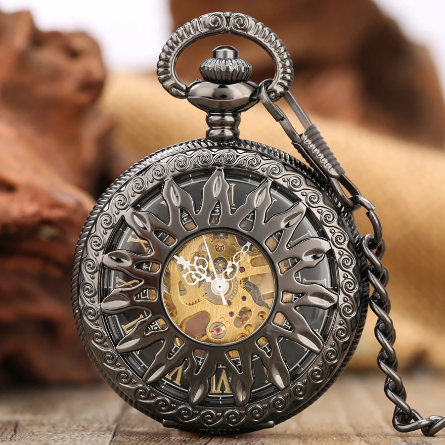 Classic Black Hollow Solar Corona Mechanical Pocket Watch Roman Numeral Dial Clock Hand Winding Pocket Watch Pendant Chain Gift
Classic Black Hollow Solar Corona Mechanical Pocket Watch Roman Numeral Dial Clock Hand Winding Pocket Watch Pendant Chain Gift