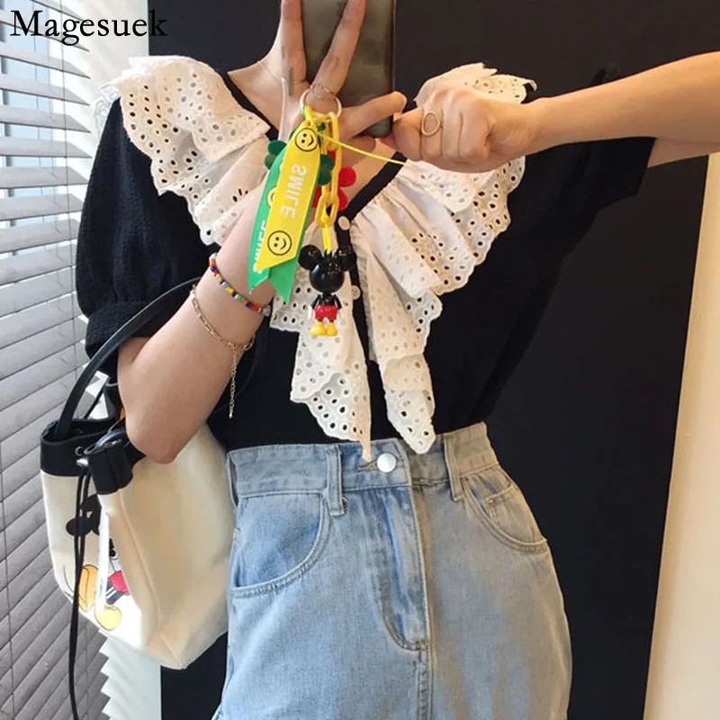 Hollow Patchwork Summer Women's Blouse Vintage Elegant Ruffles Lace Shirts French Double-layer V-neck Short Sleeve Tops 15356
Hollow Patchwork Summer Women's Blouse Vintage Elegant Ruffles Lace Shirts French Double-layer V-neck Short Sleeve Tops 15356