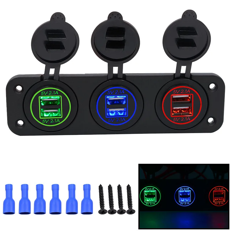 5V/4.2A 6-port USB Charger Dual Power Outlet Adapter Socket Panel for Car Boat Marine Motorcycle RV ATV(Green Blue Red LED)
5V/4.2A 6-port USB Charger Dual Power Outlet Adapter Socket Panel for Car Boat Marine Motorcycle RV ATV(Green Blue Red LED)