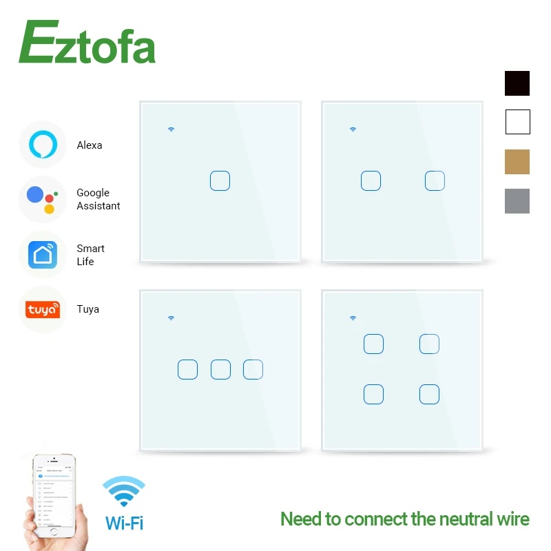 Wifi Touch Switch Smart Wall Switch 2/3 Way 1/2/3/4 Gang ac100-220v EU UK Standard Work with Alexa Google Home
Wifi Touch Switch Smart Wall Switch 2/3 Way 1/2/3/4 Gang ac100-220v EU UK Standard Work with Alexa Google Home