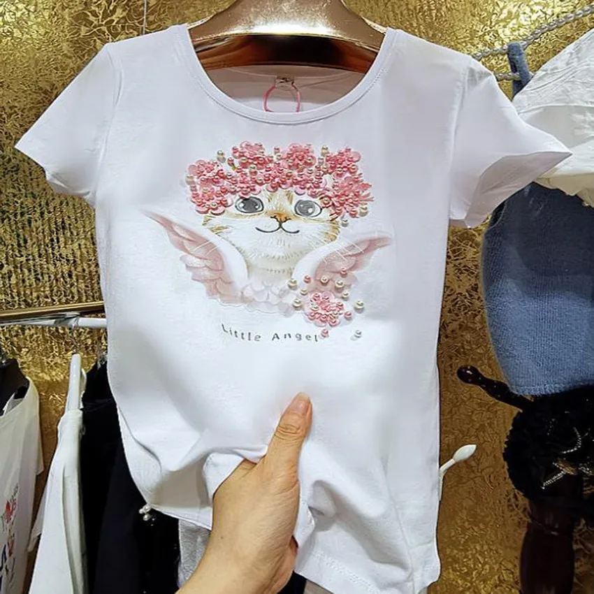 luxury summer beading cotton t-shirt women cartoon three-dimensional pink flower top tees
luxury summer beading cotton t-shirt women cartoon three-dimensional pink flower top tees