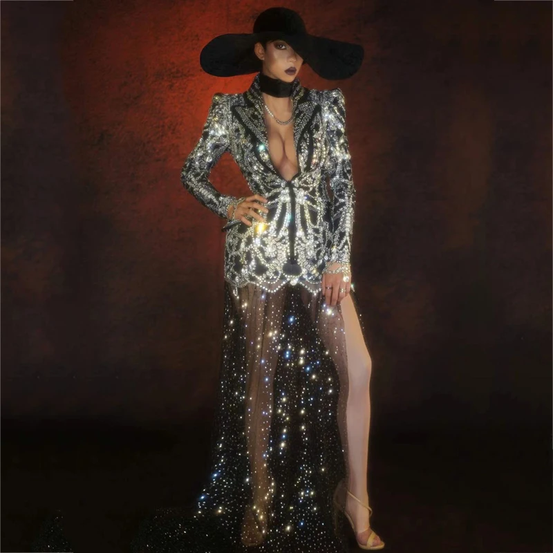Sparkly Silver Rhinestones Dress Stretch Sequins Jazz Suit Jacket Trailing Skirt Hat Nightclub Dj Ds Gogo Dancer Costume XS2983
Sparkly Silver Rhinestones Dress Stretch Sequins Jazz Suit Jacket Trailing Skirt Hat Nightclub Dj Ds Gogo Dancer Costume XS2983