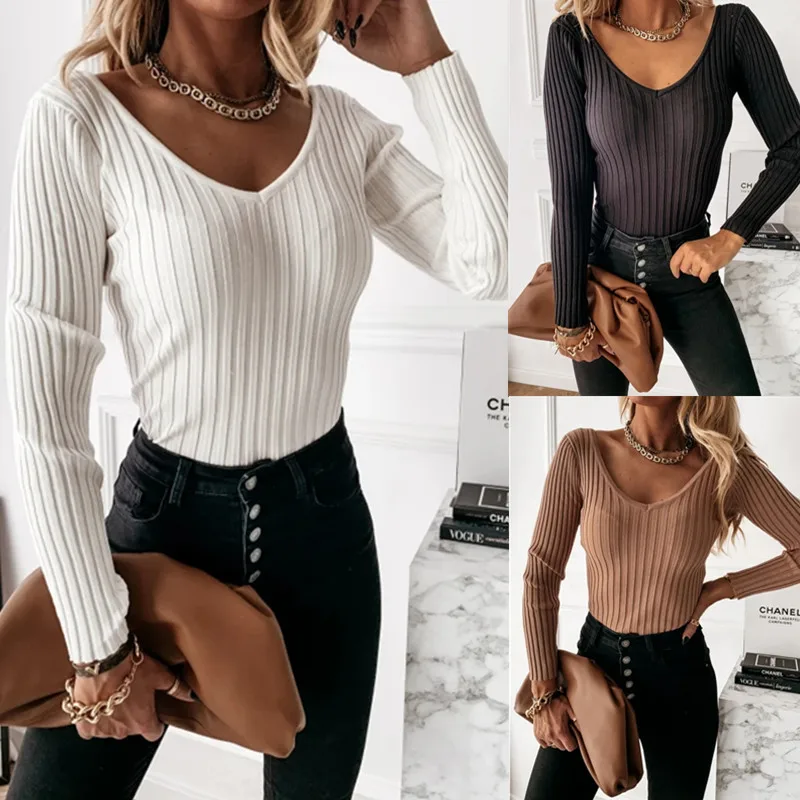 Women New Fashion Sweater Simple Solid Color Long Sleeve V-neck Female Striped Pullover Clothes
Women New Fashion Sweater Simple Solid Color Long Sleeve V-neck Female Striped Pullover Clothes