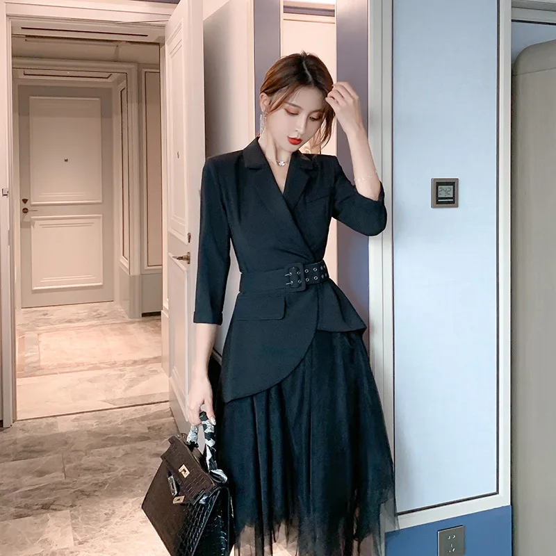 2020 Autumn 2 Piece Set Vintage Women Suit Black Full Sleeve Belt Suit Top and Mesh Skirt Office Two Piece Set Elegant Vestidos
2020 Autumn 2 Piece Set Vintage Women Suit Black Full Sleeve Belt Suit Top and Mesh Skirt Office Two Piece Set Elegant Vestidos