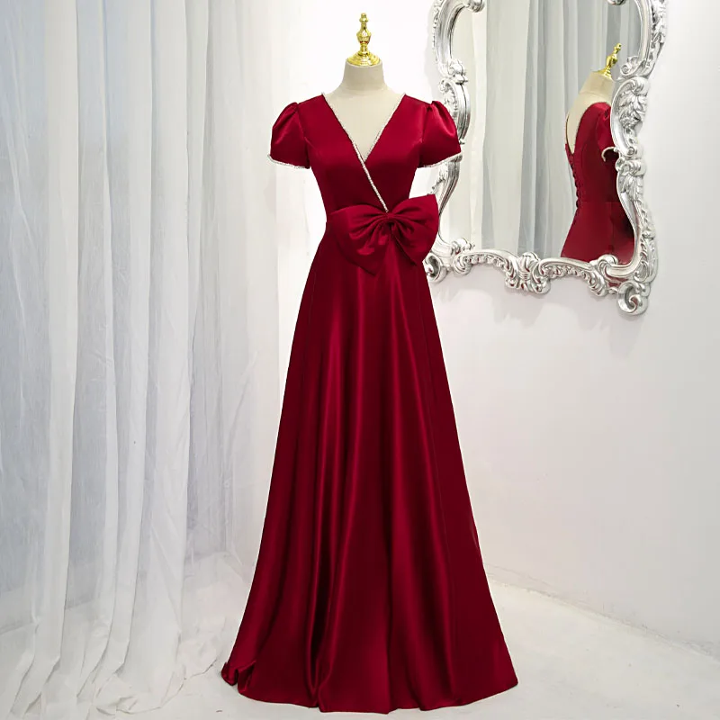 Evening Dress Deep V-Neck Elegant Floor-Length Short Sleeves Bow Empire A-Line Satin Burgundy Party Formal Dresses Woman B1234
Evening Dress Deep V-Neck Elegant Floor-Length Short Sleeves Bow Empire A-Line Satin Burgundy Party Formal Dresses Woman B1234