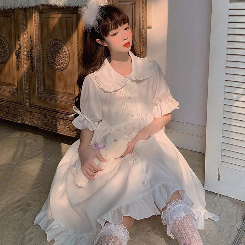 Cute Doll Collar Ruffled Short Sleeve Long Dress Summer 2020 New gothic lolita dress women victorian dress Sweet lolita skirt
Cute Doll Collar Ruffled Short Sleeve Long Dress Summer 2020 New gothic lolita dress women victorian dress Sweet lolita skirt