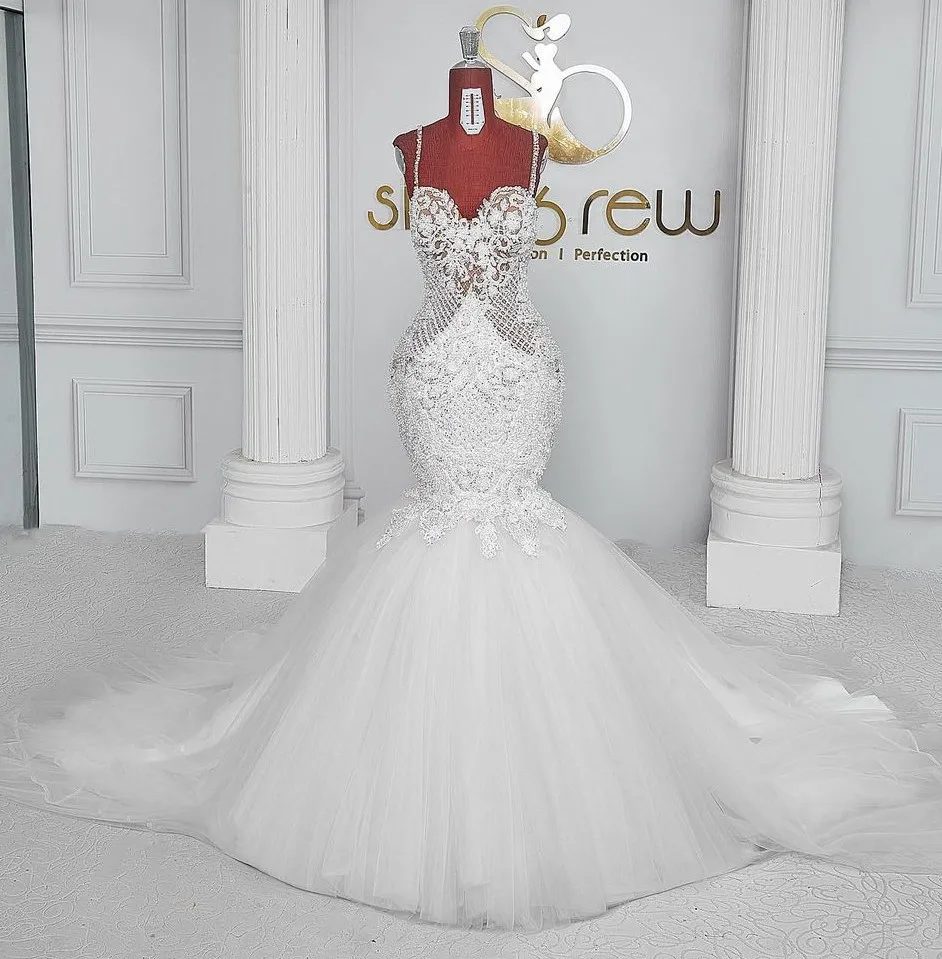 Sexy Lace Wedding Dresses Straps Mermaid Plus Size Beads Long Bridal Gowns Arabci Dubai Vestidos Robe De Mariee Customed
Sexy Lace Wedding Dresses Straps Mermaid Plus Size Beads Long Bridal Gowns Arabci Dubai Vestidos Robe De Mariee Customed