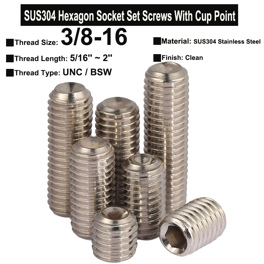3Pcs 3/8-16x5/16"~2" UNC BSW Thread DIN916 SUS304 Stainless Steel Hexagon Socket Set Screws With Cup Point Headless Screws
3Pcs 3/8-16x5/16"~2" UNC BSW Thread DIN916 SUS304 Stainless Steel Hexagon Socket Set Screws With Cup Point Headless Screws