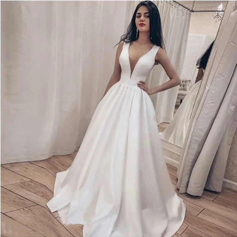 Deep V-neck Elegant Satin Wedding Dress Robe Mariee Bride To Be Long Gown Vestido De Novia
Deep V-neck Elegant Satin Wedding Dress Robe Mariee Bride To Be Long Gown Vestido De Novia