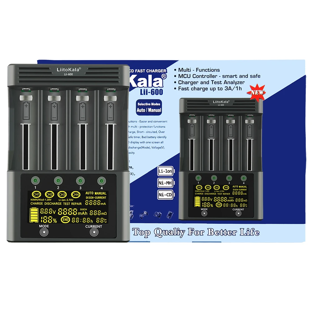 LiitoKala Lii-600 Battery Charger For Li-ion 3.7V and NiMH 1.2V battery Suitable for 18650 26650 21700 26700 AA AAA12V5A adapter
LiitoKala Lii-600 Battery Charger For Li-ion 3.7V and NiMH 1.2V battery Suitable for 18650 26650 21700 26700 AA AAA12V5A adapter