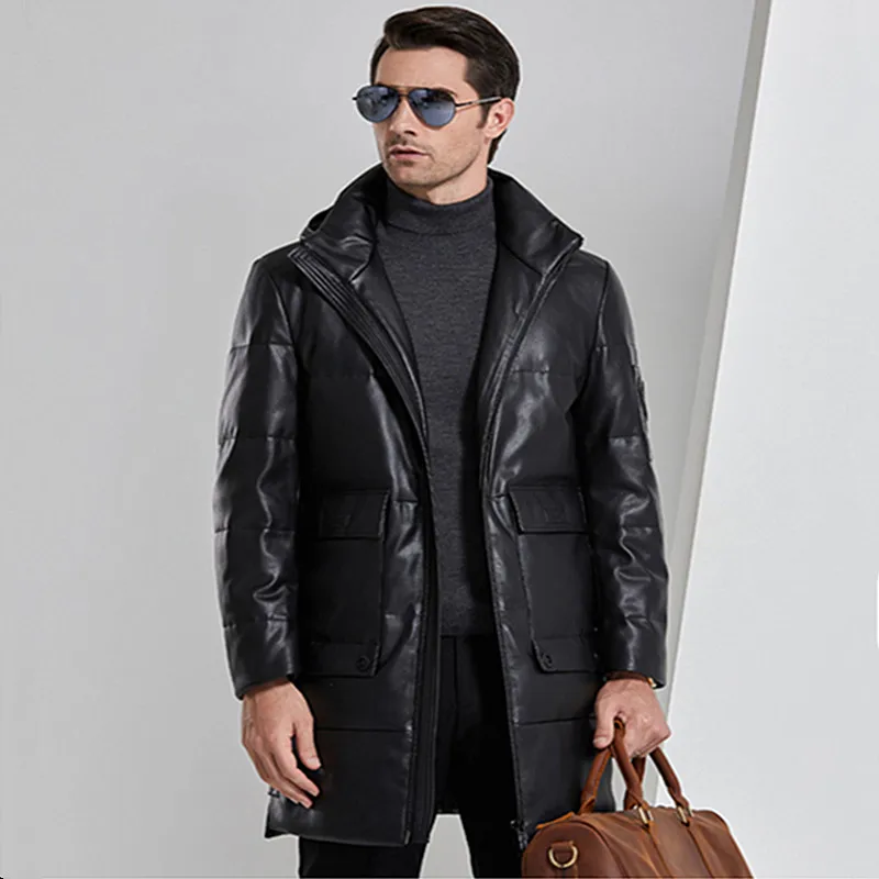 Winter Faux Leather Men's Down Jacket Hooded Long Sleeve Cardigan Zipper Pockets Black Solid Thick Vogue Casual Down Jacket
Winter Faux Leather Men's Down Jacket Hooded Long Sleeve Cardigan Zipper Pockets Black Solid Thick Vogue Casual Down Jacket