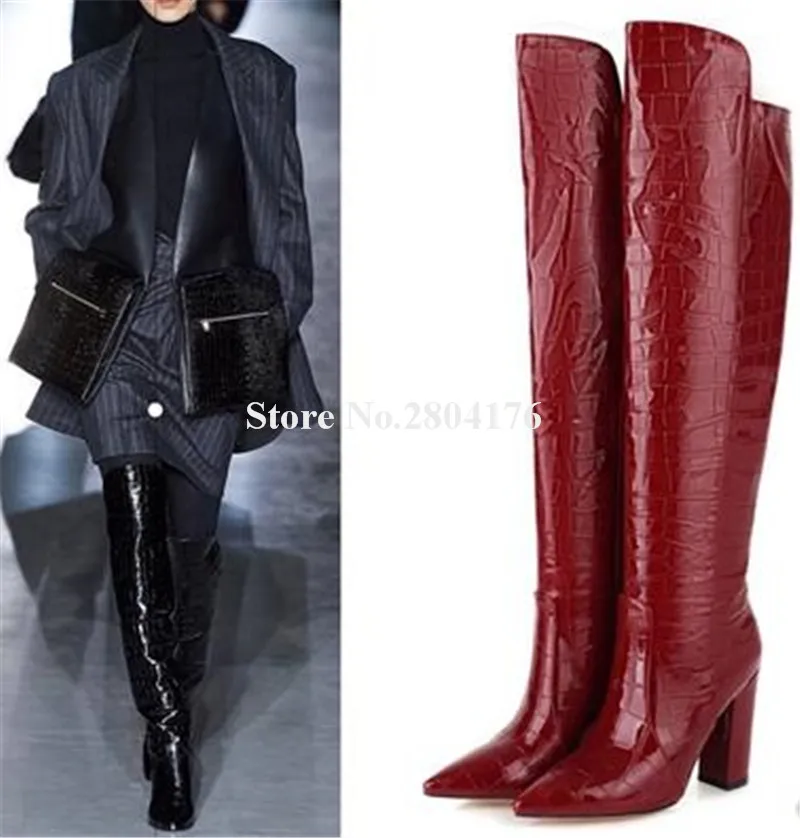 Western Fashion Pointed Toe Snake Leather Knee High Chunky Heel Boots Red Brown Long Thick Heel Boots Party Dress Shoes
Western Fashion Pointed Toe Snake Leather Knee High Chunky Heel Boots Red Brown Long Thick Heel Boots Party Dress Shoes