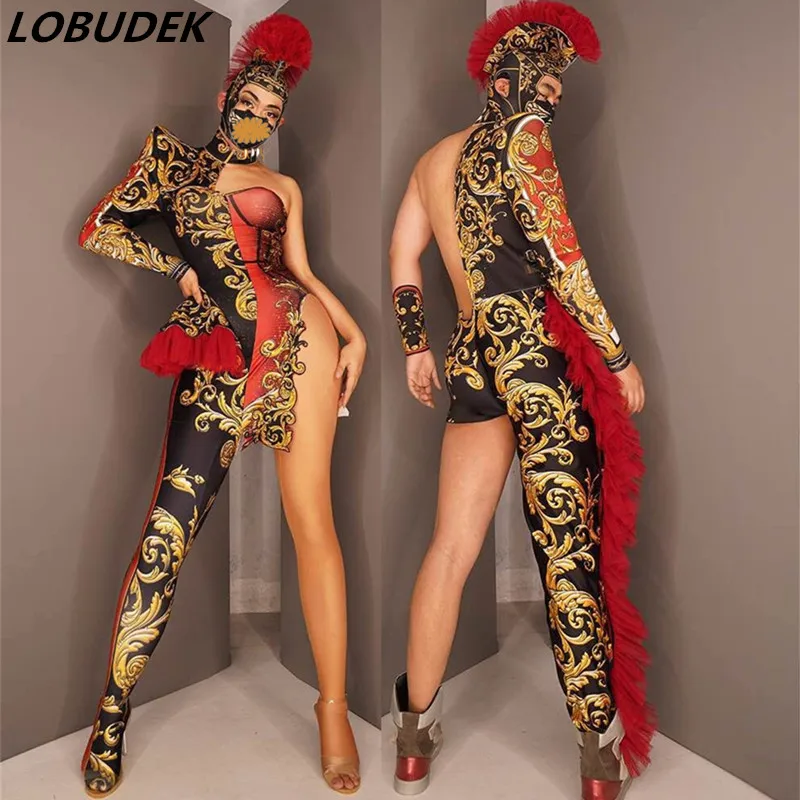Vintage Print One Shoulder Jumpsuit Uniform Men Women Dance Team Cosplay Costume Nightclub Singer Dancer Performance Stage Wear
Vintage Print One Shoulder Jumpsuit Uniform Men Women Dance Team Cosplay Costume Nightclub Singer Dancer Performance Stage Wear