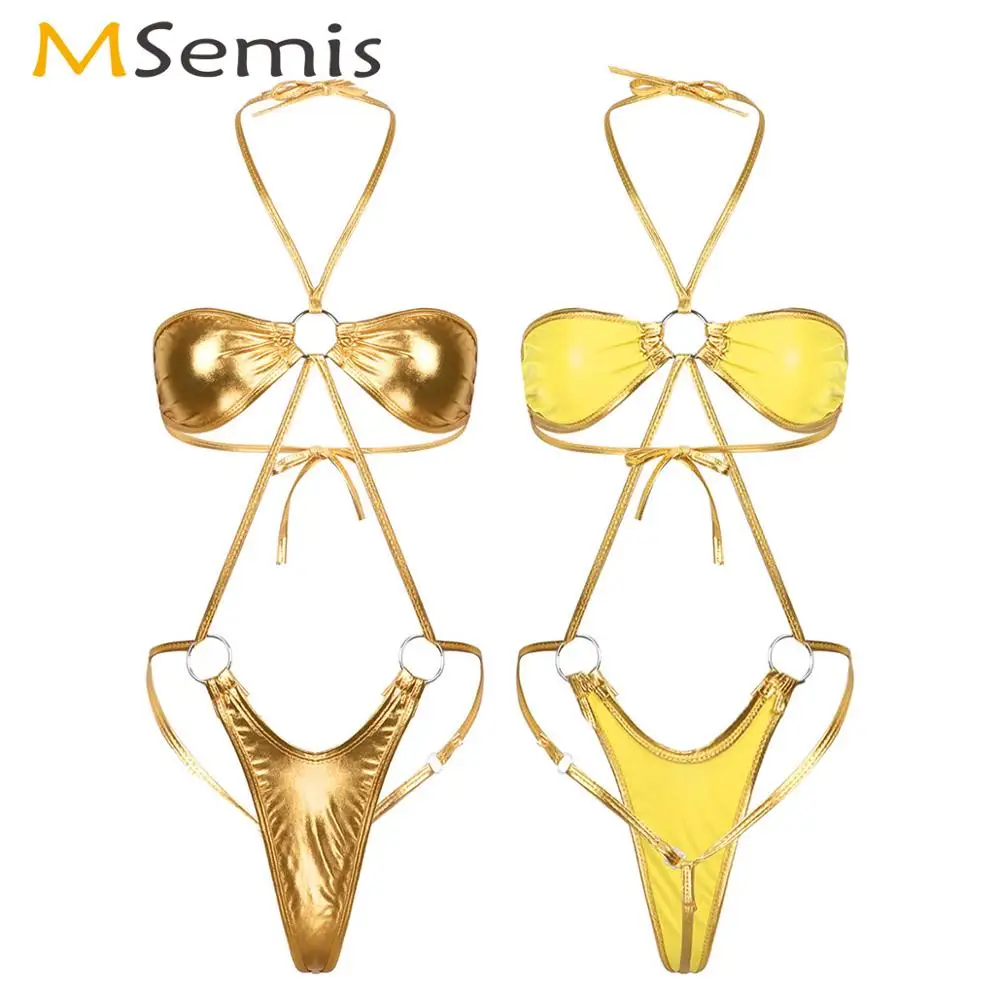 Womens Metallic Bikini Teddies Leotard Sexy One-piece Body Lingerie Holographic Erotic Backless Slingshot Micro Trikini Bodysuit
Womens Metallic Bikini Teddies Leotard Sexy One-piece Body Lingerie Holographic Erotic Backless Slingshot Micro Trikini Bodysuit