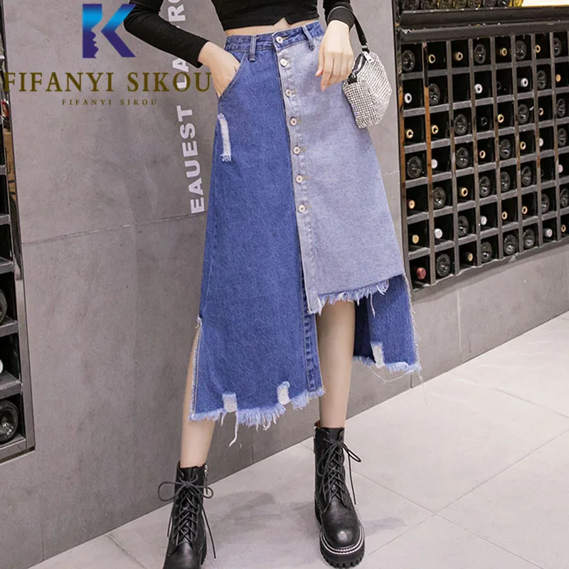 Summer Women High Waist Denim Skirt Single Breasted Fashion Spliced Asymmetry Mid Long Skirt Female Pocket Loose Jeans Skirts
Summer Women High Waist Denim Skirt Single Breasted Fashion Spliced Asymmetry Mid Long Skirt Female Pocket Loose Jeans Skirts