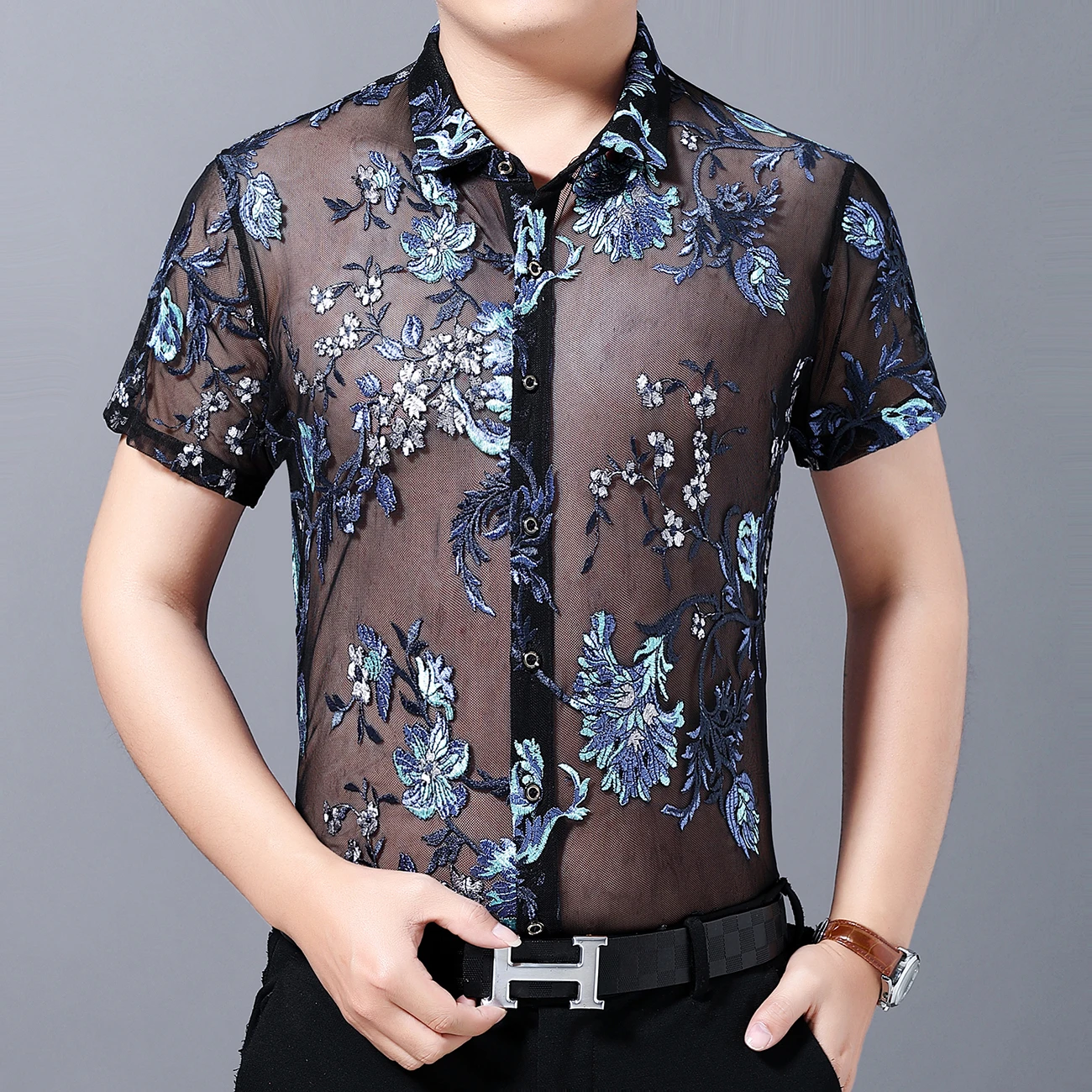 Summer New 2020 Short Sleeve Sexy Transparent Shirt Men Camisa Social Masculina Flower Print Velvet Shirt Club Chemise Homme
Summer New 2020 Short Sleeve Sexy Transparent Shirt Men Camisa Social Masculina Flower Print Velvet Shirt Club Chemise Homme