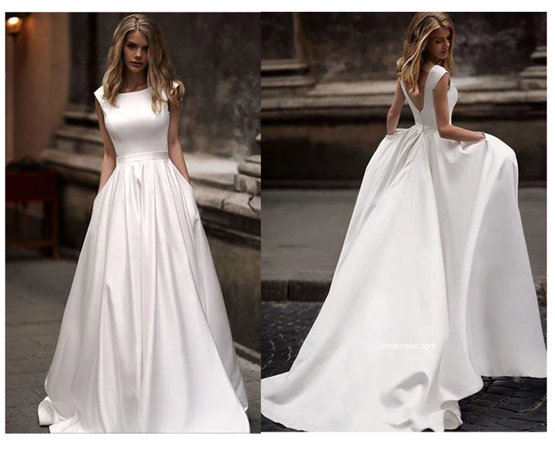 Long Wedding Dresses With Pocket Vestido de novia Satin White Sleeveless Bridal Gowns Floor Length Wedding Gown
Long Wedding Dresses With Pocket Vestido de novia Satin White Sleeveless Bridal Gowns Floor Length Wedding Gown
