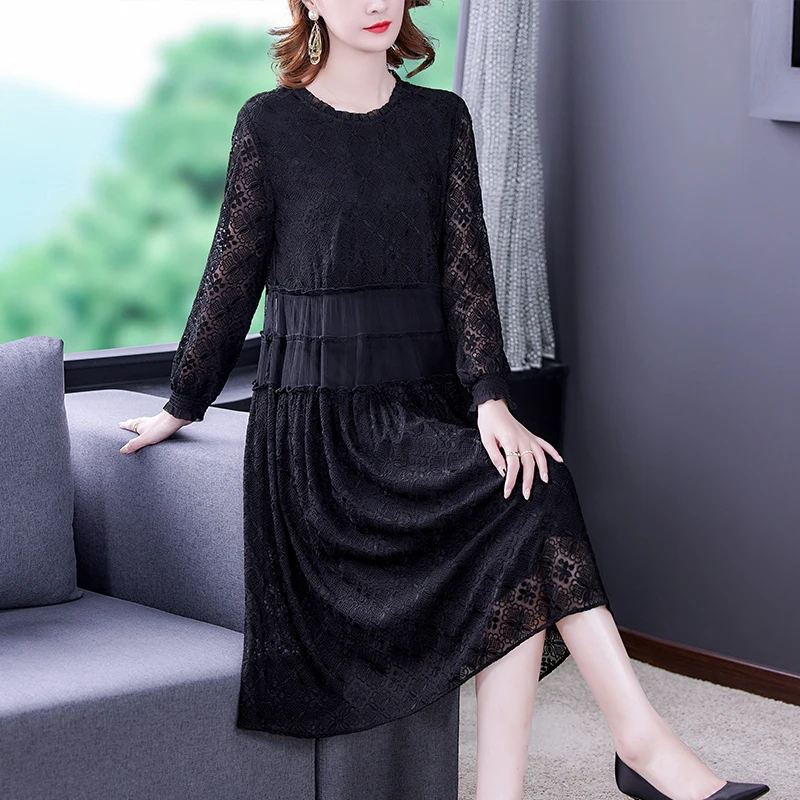 Black Natural Silk Vintage Lace Hollow Out Sexy Dress Spring Autumn Korean Hepburn Casual Midi Dress 2023 Women Bodycon Vestido
Black Natural Silk Vintage Lace Hollow Out Sexy Dress Spring Autumn Korean Hepburn Casual Midi Dress 2023 Women Bodycon Vestido