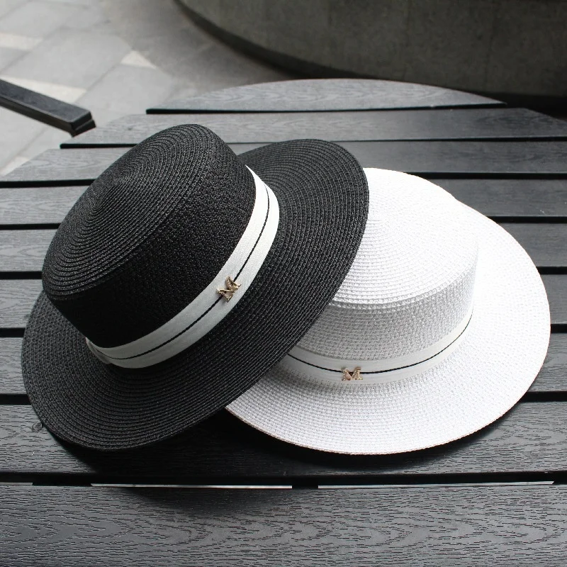 2021 M Letter Flat Top Straw Hat Ribbon Boater Beach Hat Women's Summer Wide Brim Fedora M Panama Straw Travel Sun Cap
2021 M Letter Flat Top Straw Hat Ribbon Boater Beach Hat Women's Summer Wide Brim Fedora M Panama Straw Travel Sun Cap