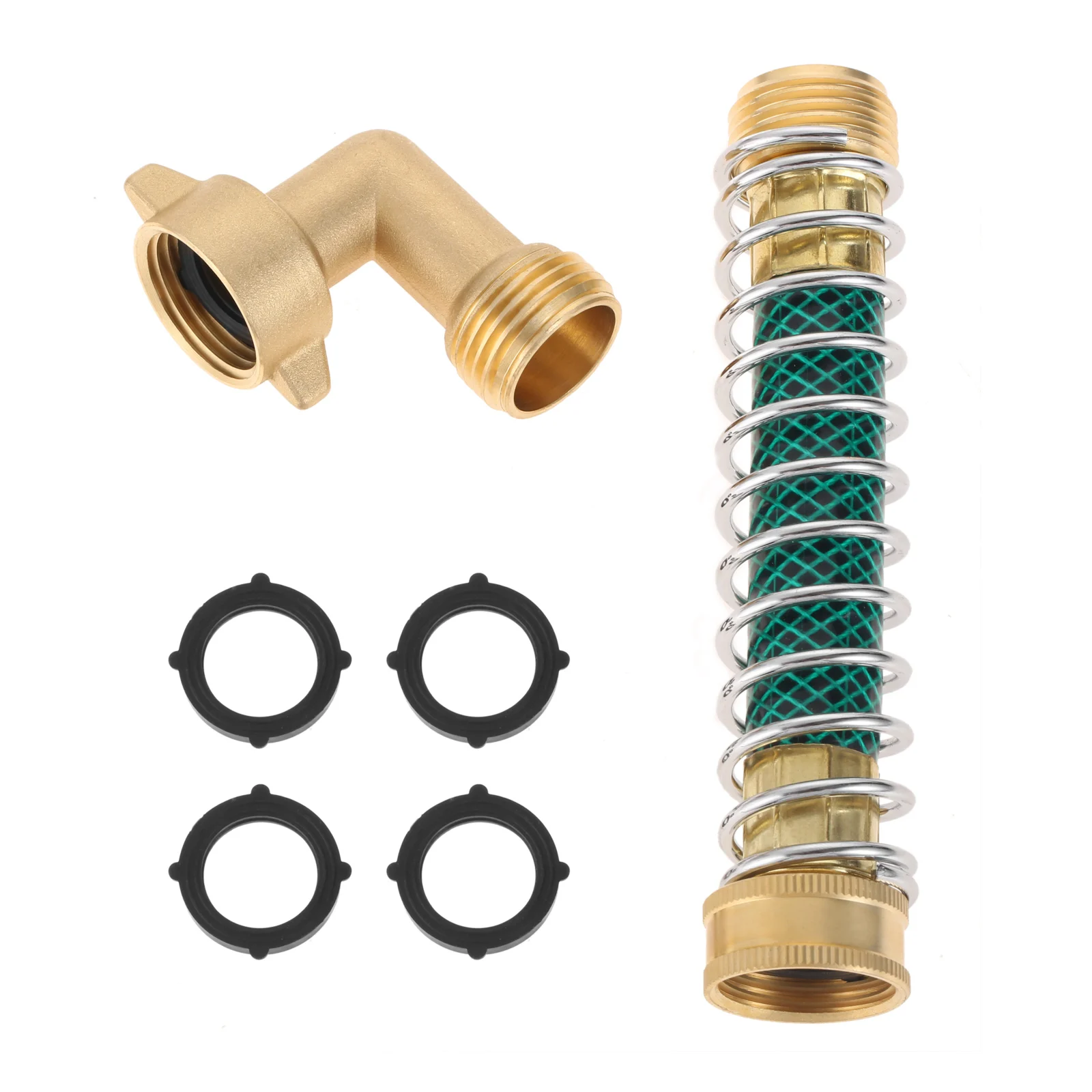 Garden Hose Extension Adapter Spring Hose Kink Protector and 90 Degree Brass Hose Elbow Connector and 4pcs Rubber Gaskets
Garden Hose Extension Adapter Spring Hose Kink Protector and 90 Degree Brass Hose Elbow Connector and 4pcs Rubber Gaskets