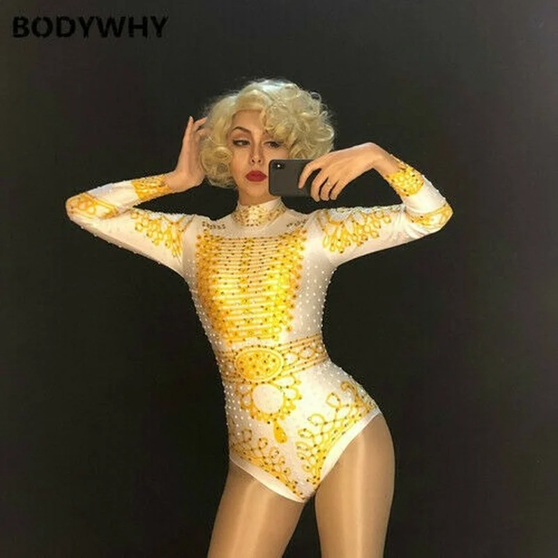 Summer Fashion Ladies Sexy Tights Golden Rhinestone Bodysuit Stage Costume Tops
Summer Fashion Ladies Sexy Tights Golden Rhinestone Bodysuit Stage Costume Tops