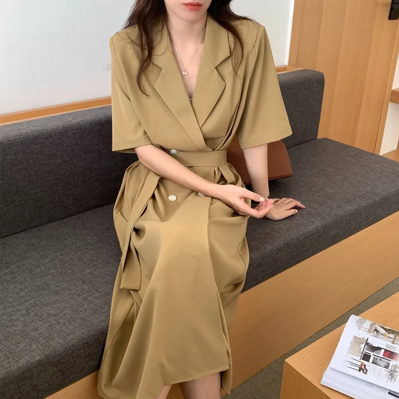 Elegant Women Office Suit Dress Summer Solid Color Vintage Double Breasted Midi Dress French Style Female Vestidos
Elegant Women Office Suit Dress Summer Solid Color Vintage Double Breasted Midi Dress French Style Female Vestidos